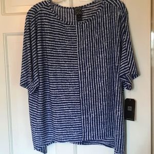 Clara Sunwoo Women Tunic Assymetric Batwing Blue and White Stripped